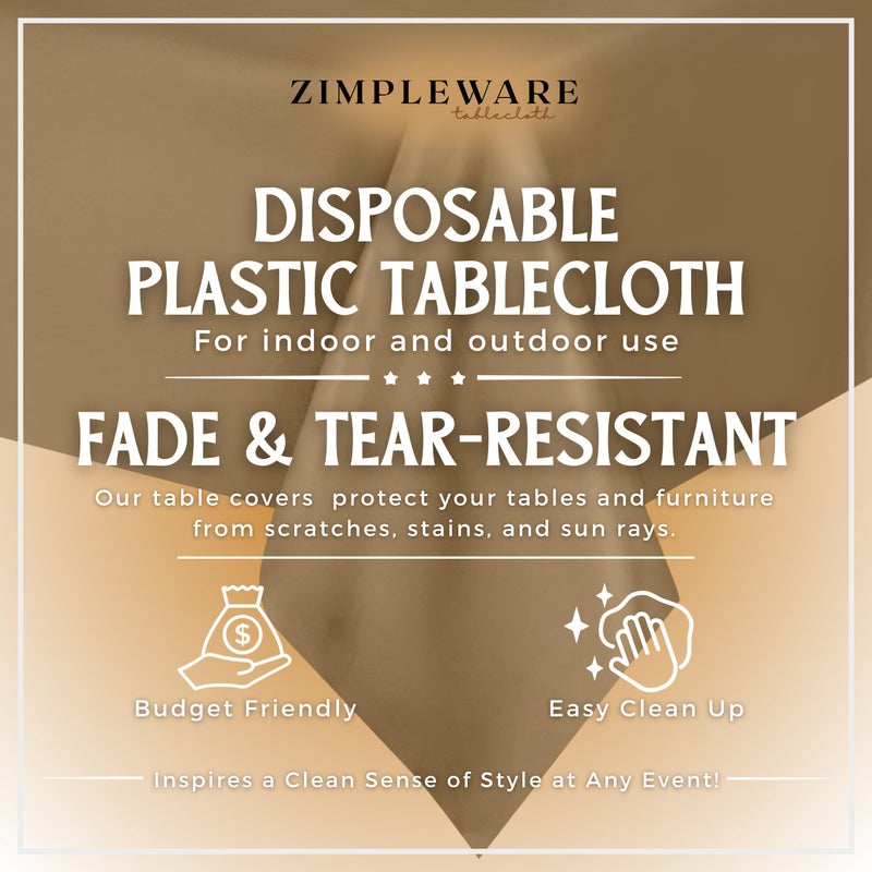ZIMPLEWARE Premium Gold Plastic Table Cloth Disposable (6 Pk) Plastic Tablecloths for Rectangle Tables (54in x 108in) Party Table Cloths Disposable for 6ft to 8ft Rectangle Tables - Image 2